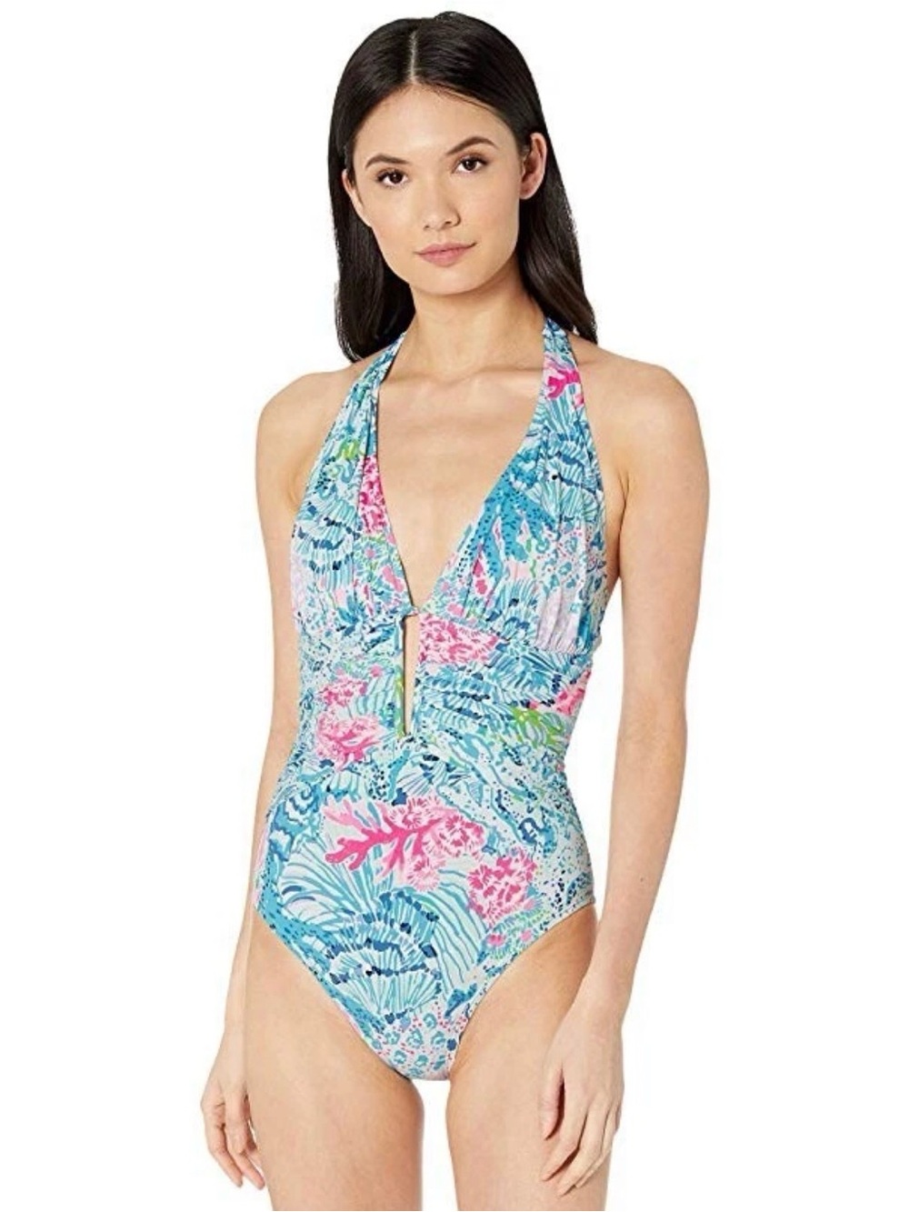 Lilly Pulitzer Teal & Pink Halter One-Piece Swimsuit